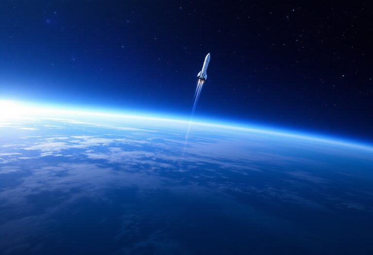 A reusable rocket launching into space, symbolizing innovation